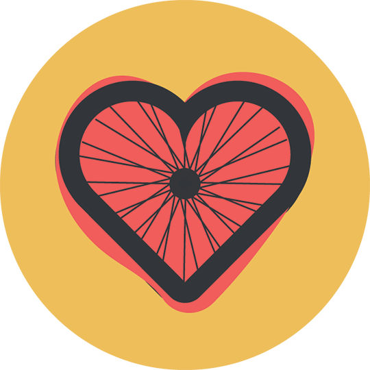 A black heart-shaped bicycle wheel on a yellow background.